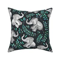 Laughing Baby Elephants with Emerald and Turquoise leaves - large print