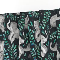 Laughing Baby Elephants with Emerald and Turquoise leaves - large print