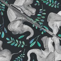 Laughing Baby Elephants with Emerald and Turquoise leaves - large print