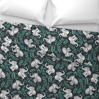 Laughing Baby Elephants with Emerald and Turquoise leaves - large print