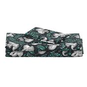 Laughing Baby Elephants with Emerald and Turquoise leaves - large print