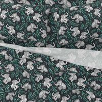 Laughing Baby Elephants with Emerald and Turquoise leaves - large print