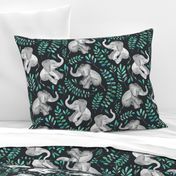 Laughing Baby Elephants with Emerald and Turquoise leaves - large print