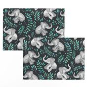 Laughing Baby Elephants with Emerald and Turquoise leaves - large print