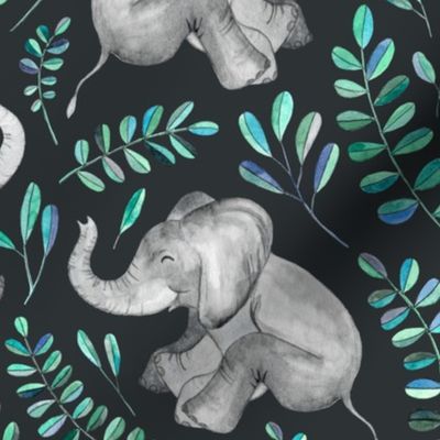 Laughing Baby Elephants with Emerald and Turquoise leaves - large print