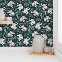 Laughing Baby Elephants with Emerald and Turquoise leaves - large print