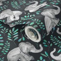 Laughing Baby Elephants with Emerald and Turquoise leaves - large print