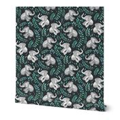 Laughing Baby Elephants with Emerald and Turquoise leaves - large print