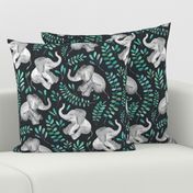 Laughing Baby Elephants with Emerald and Turquoise leaves - large print