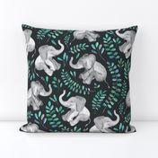 Laughing Baby Elephants with Emerald and Turquoise leaves - large print