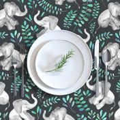 Laughing Baby Elephants with Emerald and Turquoise leaves - large print