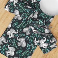 Laughing Baby Elephants with Emerald and Turquoise leaves - large print