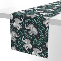 Laughing Baby Elephants with Emerald and Turquoise leaves - large print