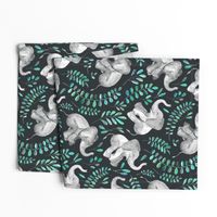 Laughing Baby Elephants with Emerald and Turquoise leaves - large print