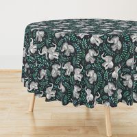 Laughing Baby Elephants with Emerald and Turquoise leaves - large print