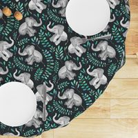 Laughing Baby Elephants with Emerald and Turquoise leaves - large print