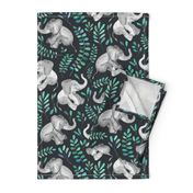 Laughing Baby Elephants with Emerald and Turquoise leaves - large print