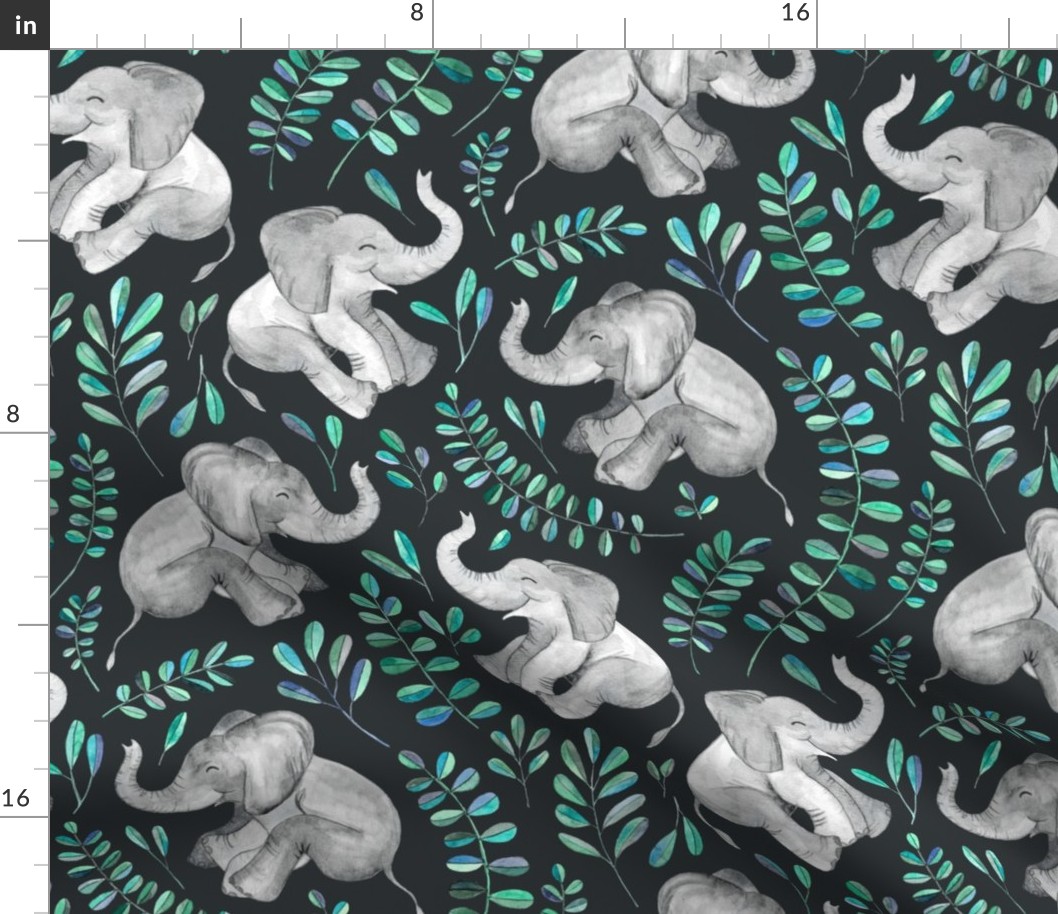 Laughing Baby Elephants with Emerald and Turquoise leaves - large print