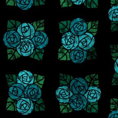 Craftsmen Round Roses Tiles Black Aqua