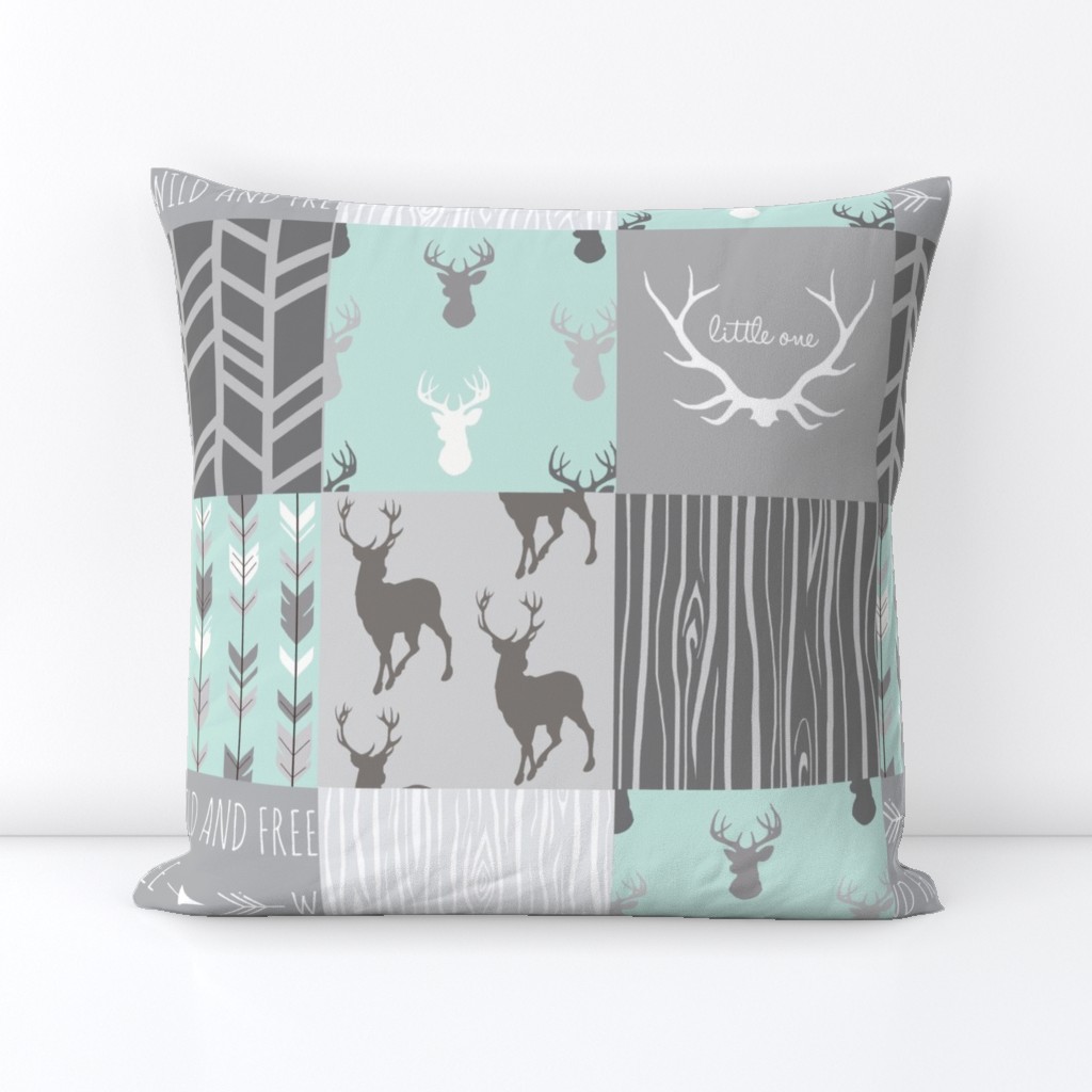 Whole Cloth Quilt - Whistler Village Mint and Grey Deer Patchwork Squares - Woodland Quilt