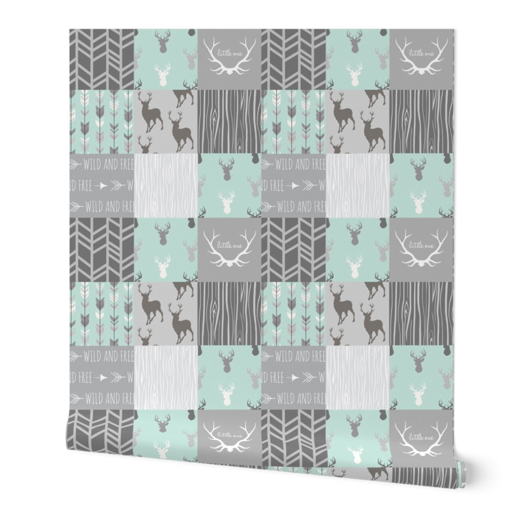 Whole Cloth Quilt - Whistler Village Mint and Grey Deer Patchwork Squares - Woodland Quilt