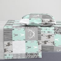 Whole Cloth Quilt - Whistler Village Mint and Grey Deer Patchwork Squares - Woodland Quilt