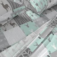 Whole Cloth Quilt - Whistler Village Mint and Grey Deer Patchwork Squares - Woodland Quilt