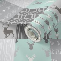 Whole Cloth Quilt - Whistler Village Mint and Grey Deer Patchwork Squares - Woodland Quilt