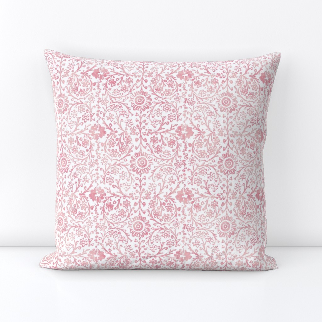 Indian Woodblock in Rose Pink on White (large scale) | Rustic floral, hand block printed pattern in pink and white, botanical print, pink block print design.