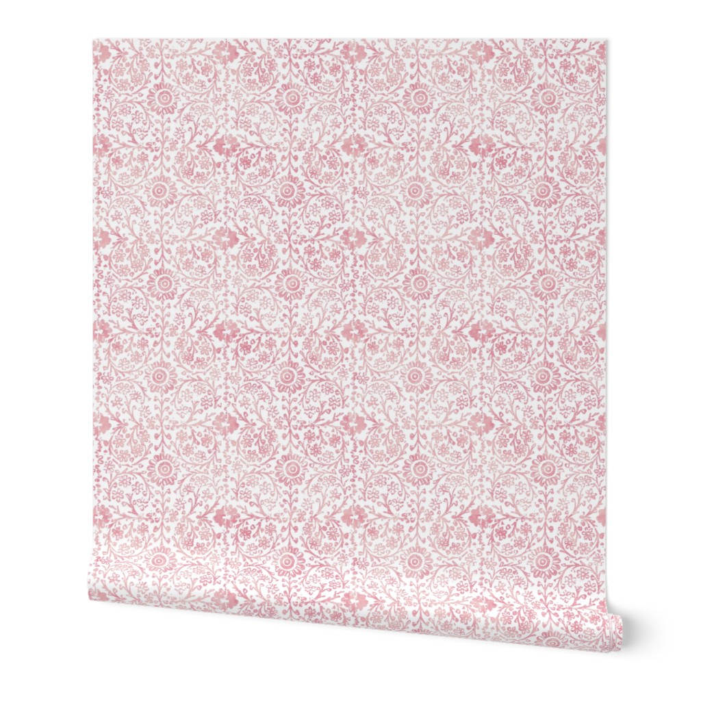 Indian Woodblock in Rose Pink on White (large scale) | Rustic floral, hand block printed pattern in pink and white, botanical print, pink block print design.