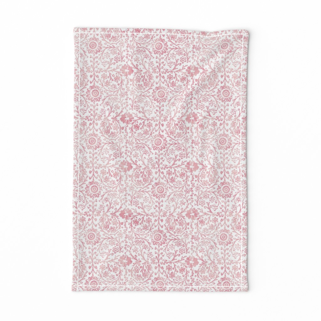 Indian Woodblock in Rose Pink on White (large scale) | Rustic floral, hand block printed pattern in pink and white, botanical print, pink block print design.