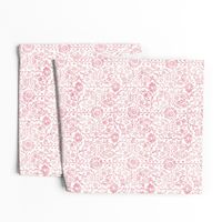 Indian Woodblock in Rose Pink on White (large scale) | Rustic floral, hand block printed pattern in pink and white, botanical print, pink block print design.