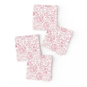 Indian Woodblock in Rose Pink on White (large scale) | Rustic floral, hand block printed pattern in pink and white, botanical print, pink block print design.