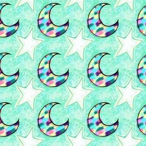 Green Mosaic Moon and Stars | Aqua