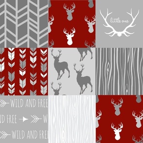 Wholecloth Quilt- Scarlet and Grey - woodland Patchwork Deer Antlers and Arrows