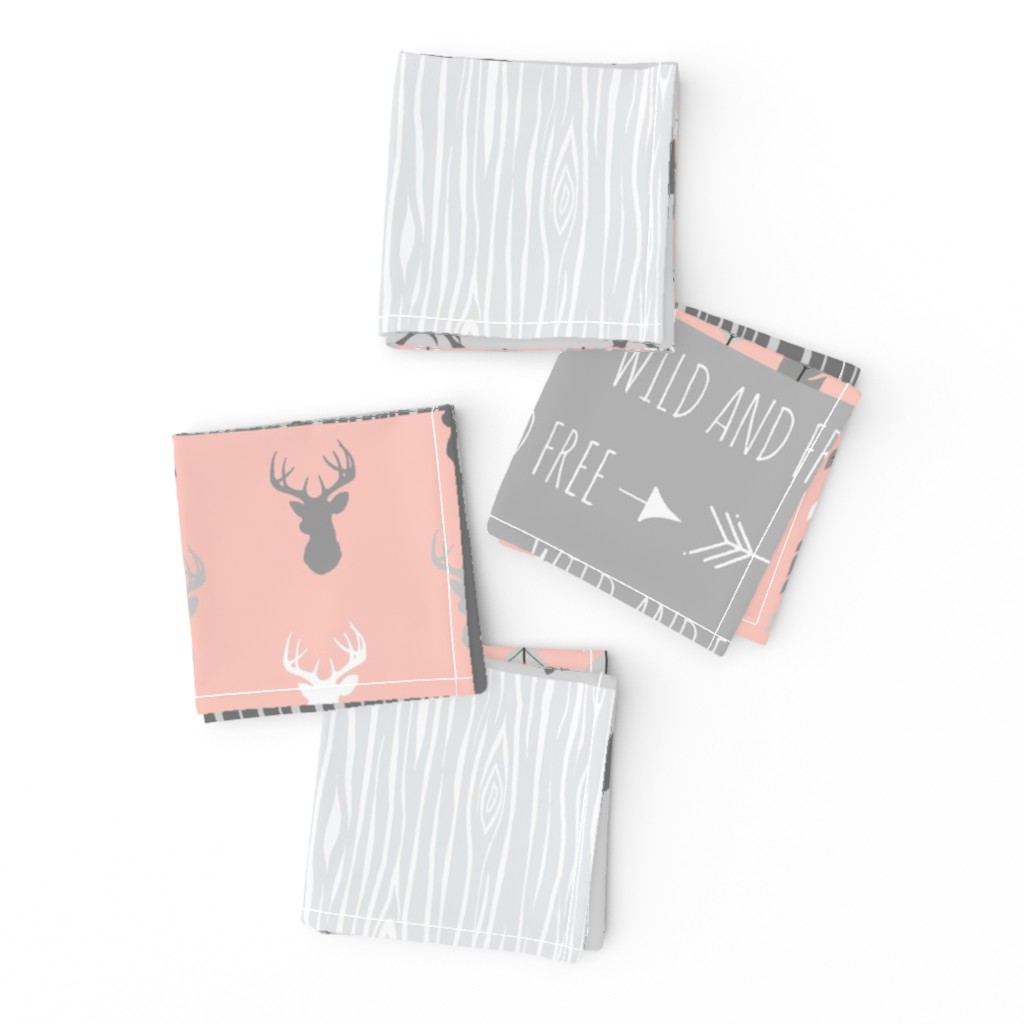 Wholecloth Quilt- Coral  and Grey Deer a Patchwork  Squares