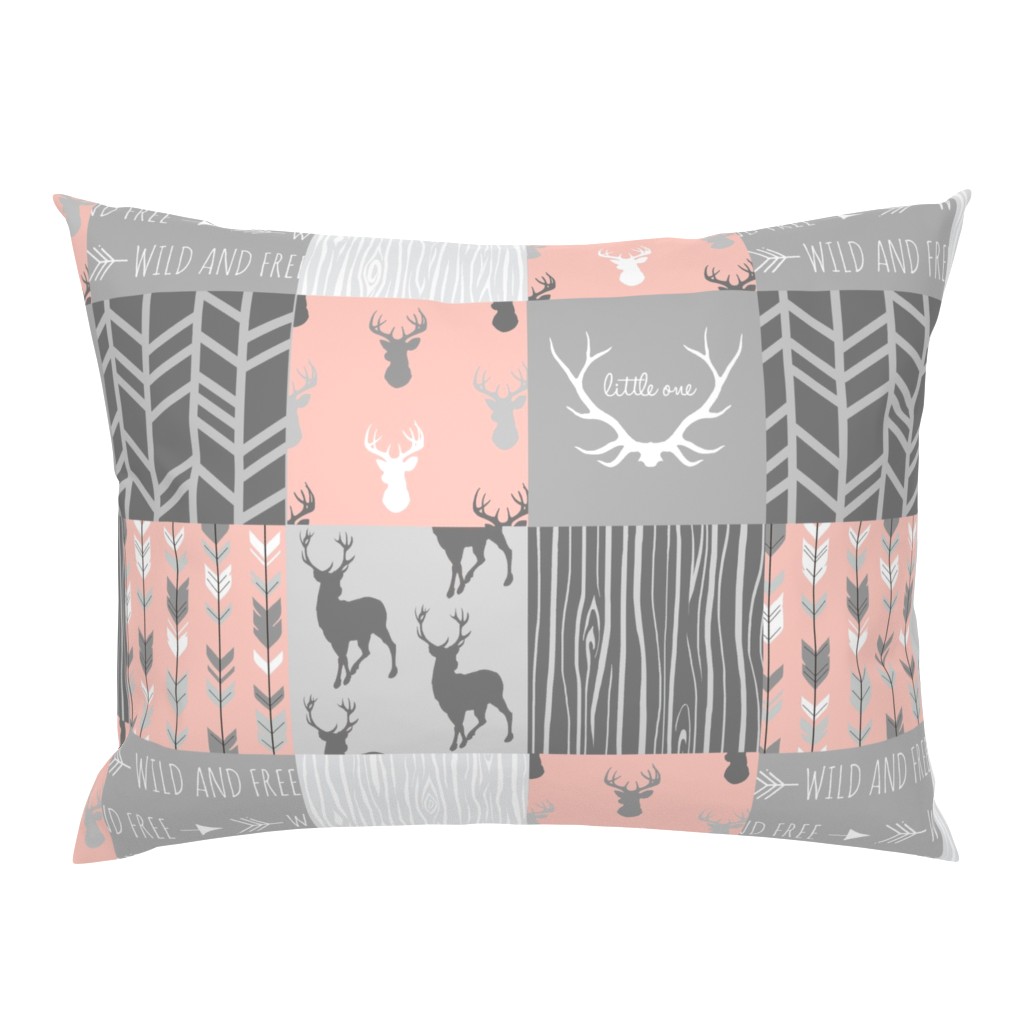 Wholecloth Quilt- Coral  and Grey Deer a Patchwork  Squares