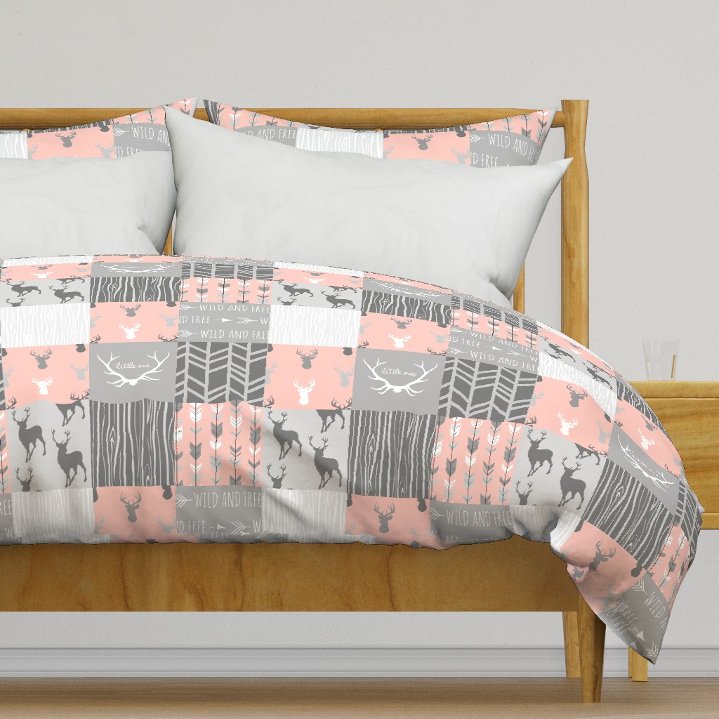 Wholecloth Quilt- Coral  and Grey Deer a Patchwork  Squares