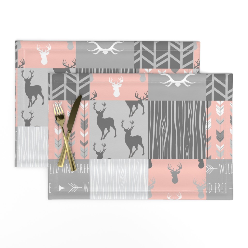 Wholecloth Quilt- Coral  and Grey Deer a Patchwork  Squares