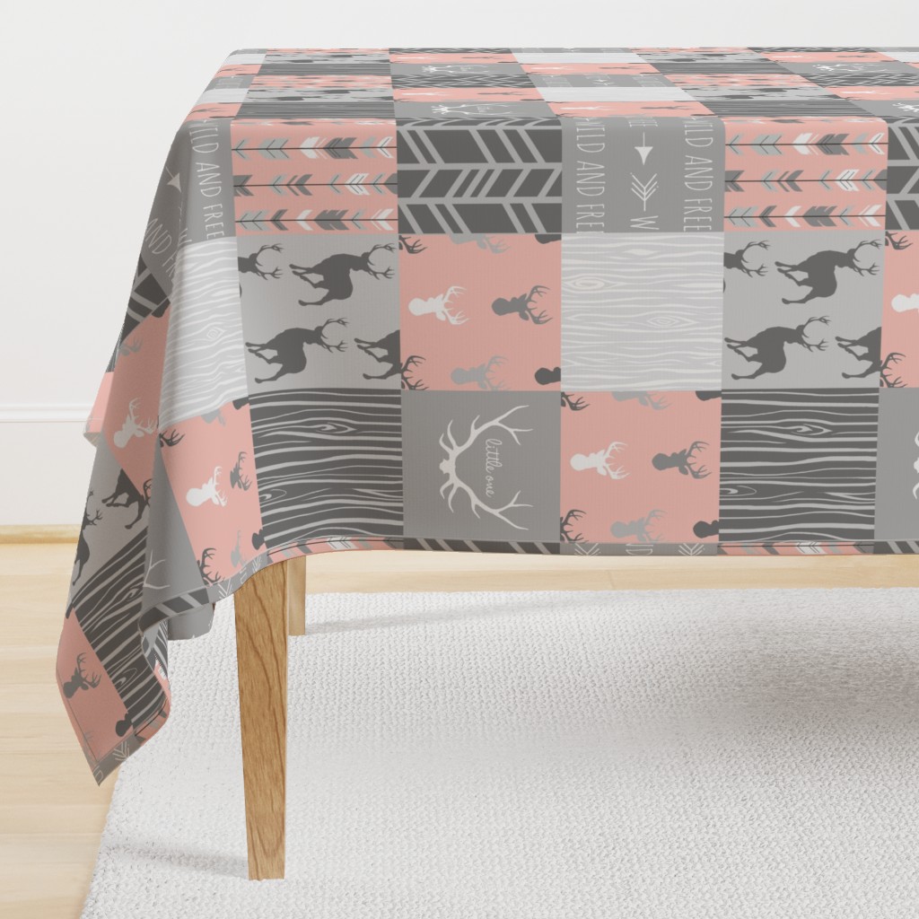 Wholecloth Quilt- Coral  and Grey Deer a Patchwork  Squares