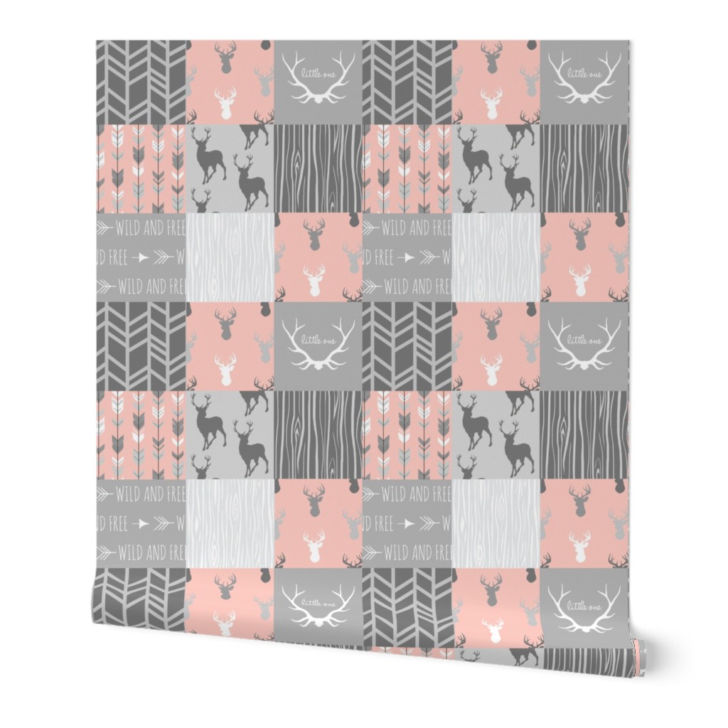 Wholecloth Quilt- Coral  and Grey Deer a Patchwork  Squares