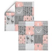 Wholecloth Quilt- Coral  and Grey Deer a Patchwork  Squares