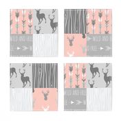 Wholecloth Quilt- Coral  and Grey Deer a Patchwork  Squares