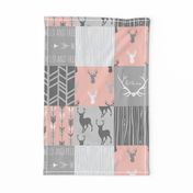 Wholecloth Quilt- Coral  and Grey Deer a Patchwork  Squares