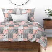 Wholecloth Quilt- Coral  and Grey Deer a Patchwork  Squares