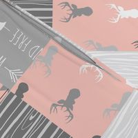 Wholecloth Quilt- Coral  and Grey Deer a Patchwork  Squares