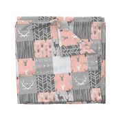 Wholecloth Quilt- Coral  and Grey Deer a Patchwork  Squares