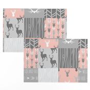 Wholecloth Quilt- Coral  and Grey Deer a Patchwork  Squares