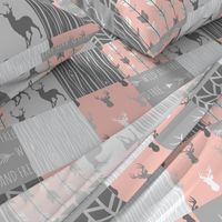 Wholecloth Quilt- Coral  and Grey Deer a Patchwork  Squares