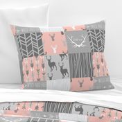 Wholecloth Quilt- Coral  and Grey Deer a Patchwork  Squares